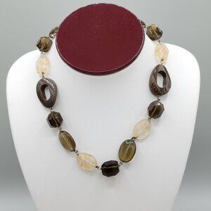 Smoky Quartz Stone and Art Glass Link Necklace With Extender 16 In Length